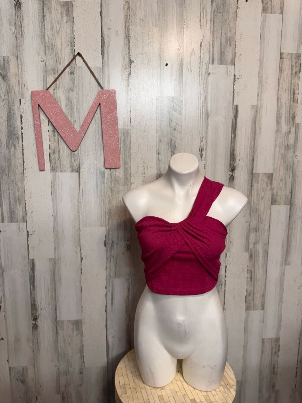 SHEIN Textured One Shoulder Twist Front Crop Top Womens M Magenta Berry Pink